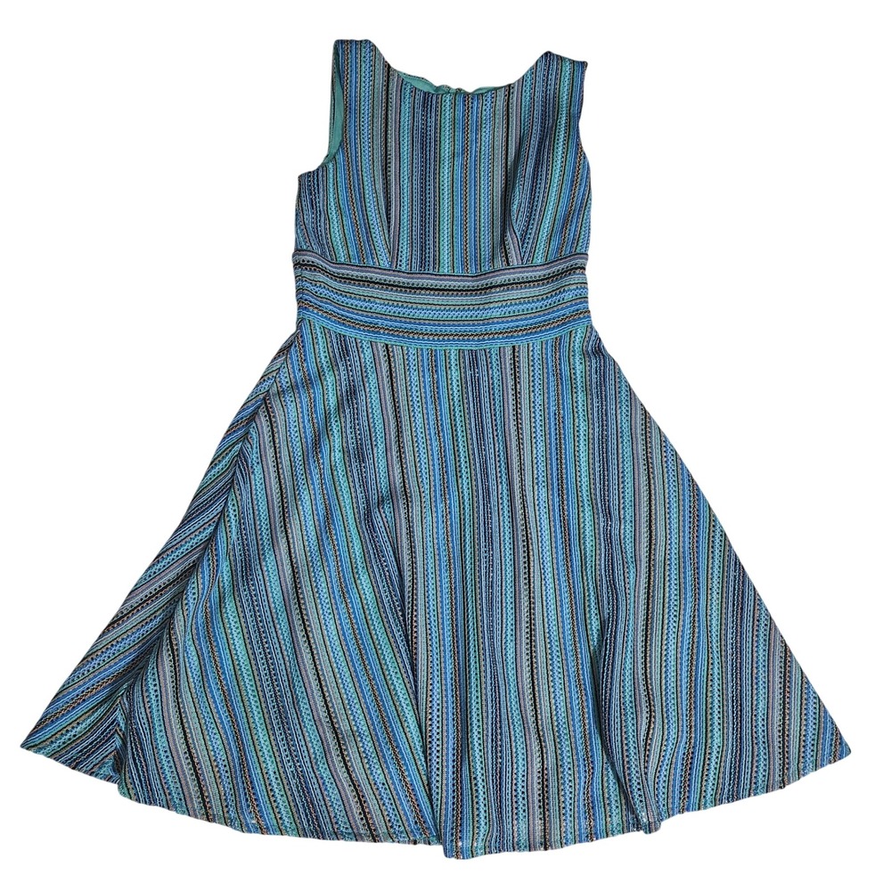 Gabby Skye Blue Teal Striped Textured Lace Fit Flare Dress Sleeveless Size 4